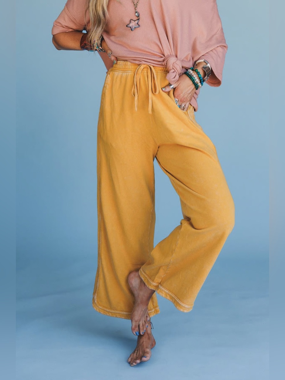 $72 THREE BIRD NEST Mustard Yellow So Comfy Wide Leg Crop Boho Pant, Size LARGE